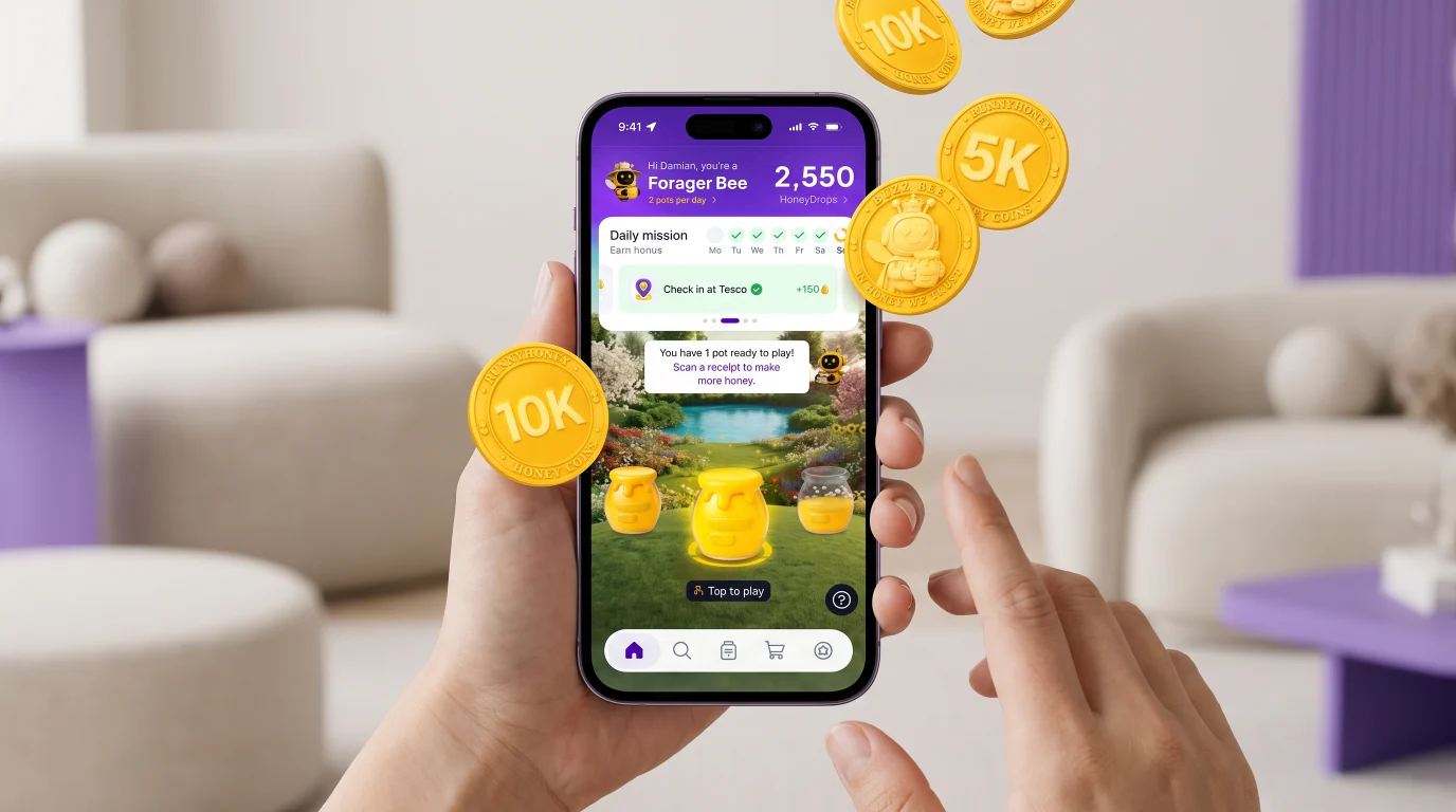 A customer playing a branded RunnyHoney Rewards game and receiving HoneyCoins