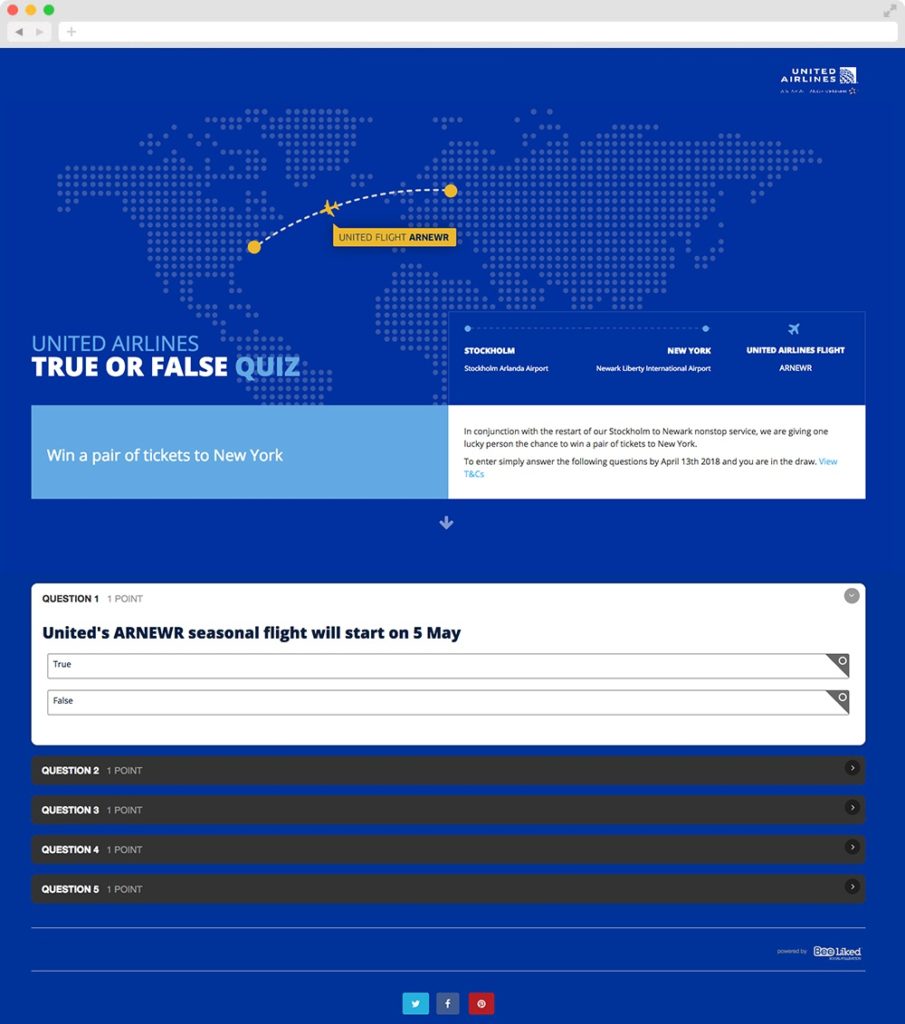 United Airlines True or False Quiz promotion