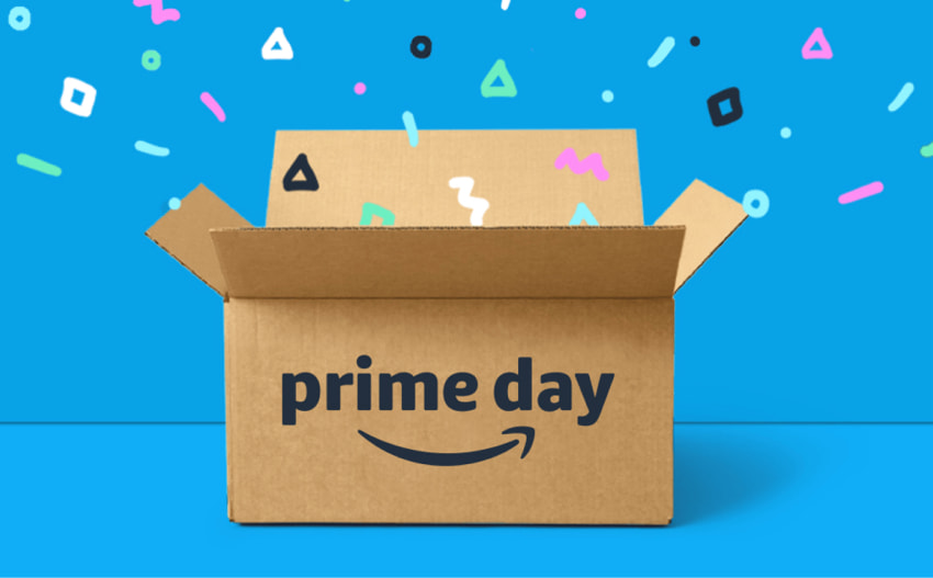 Amazon Prime Day incentive showcasing Amazon's logo and a carboard delivery box