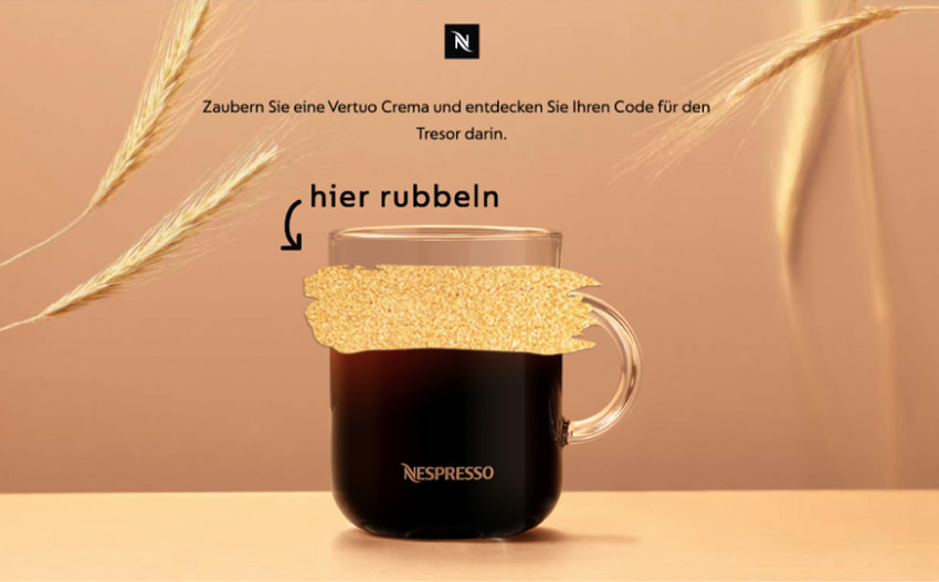 Nespresso Vault promo campaign with a scratch off section over a glass of coffee
