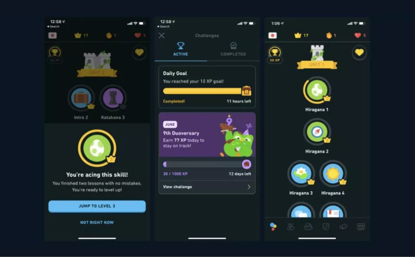 screenshots of the duolingo app