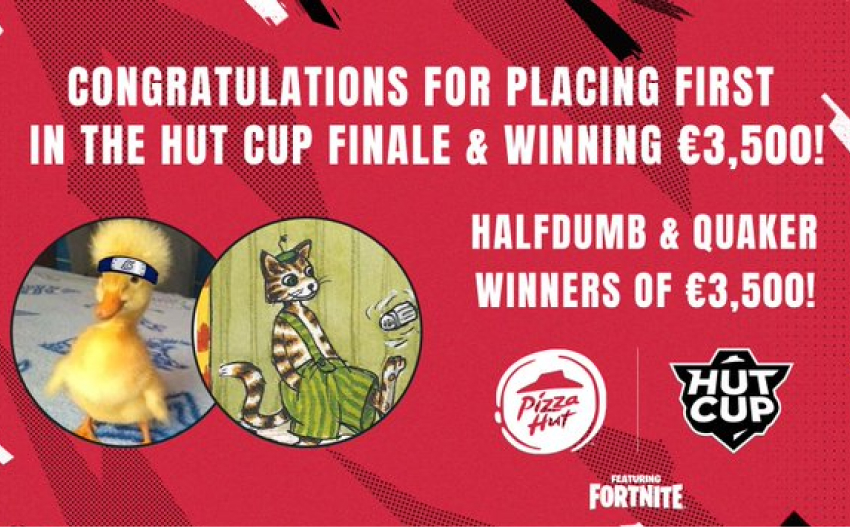 red banner of pizza hut announcing the finale of their hut cup game