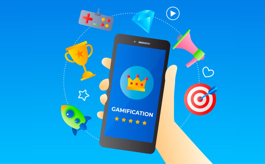 Gamification in marketing: a smartphone displaying a gamification app with rewards and engagement icons.