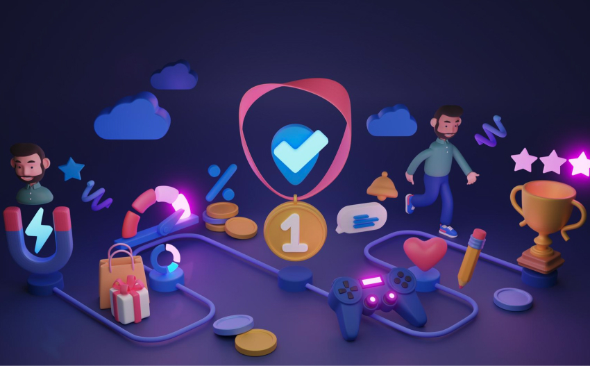 3D scene with medal, gifts, and controller — gamified incentives.