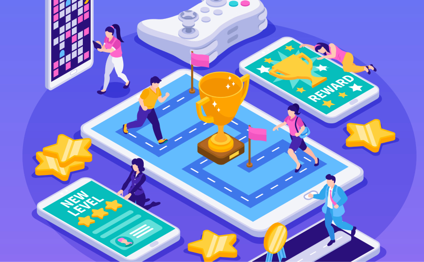 People interacting with trophies and stars on devices — loyalty rewards programs.