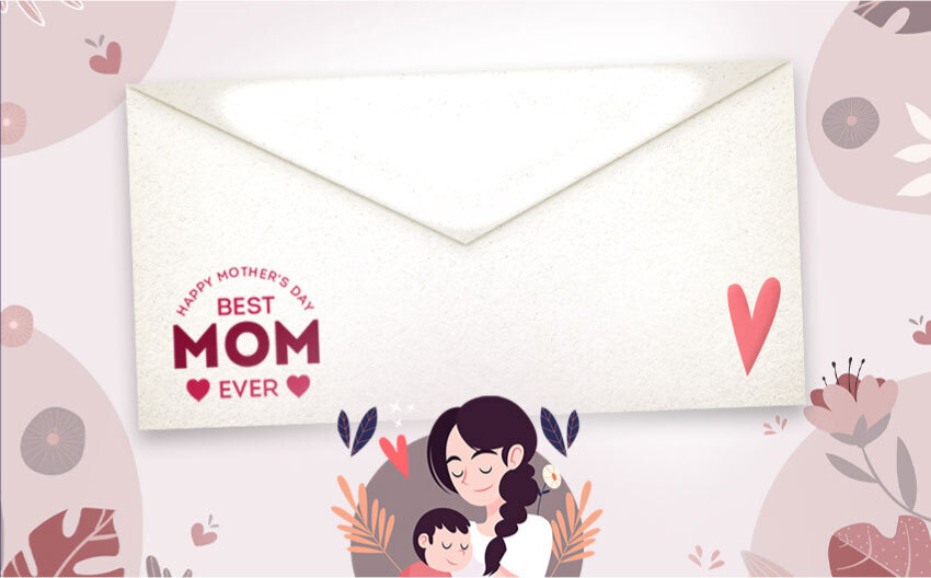 Mother’s Day marketing envelope with family-themed design.