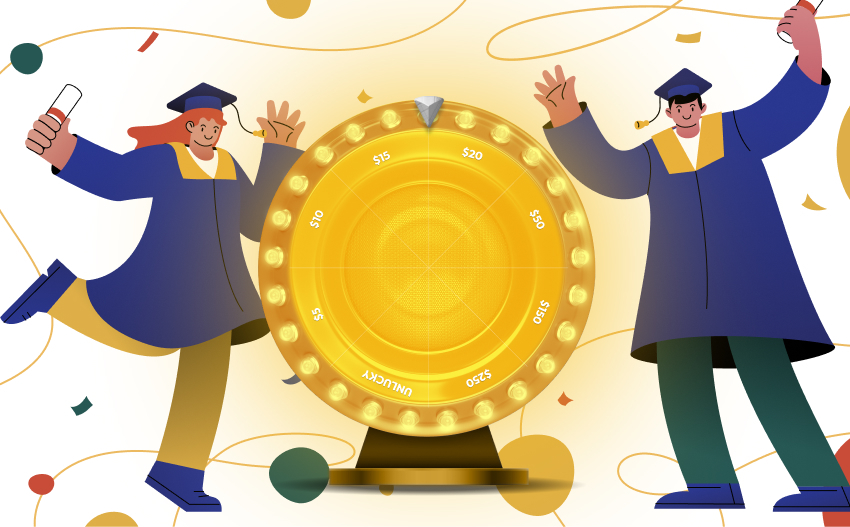 Gamified graduation promotion idea using a spin-the-wheel mechanic to reward students instantly.