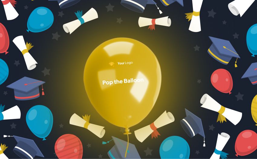 Interactive graduation marketing concept using a digital balloon-popping game to reveal prizes.