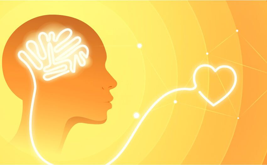 Illustration of a human head with a glowing heart-shaped brain connection, representing emotional campaigns and decision-making driven by empathy to increase brand engagement

