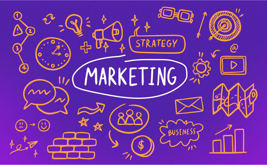 Marketing strategy icons surrounding the word “Marketing” on a purple background, symbolizing campaign planning, emotional marketing, and ways to increase brand engagement.