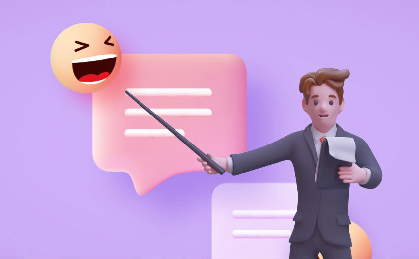 3D businessman presenting a message with a smiling emoji, illustrating emotional marketing tactics through storytelling and relatable communication.

