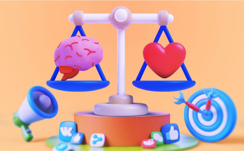 Balanced scale with a brain and heart, portraying the balance between logic and emotion in effective emotional marketing and to increase brand engagement

