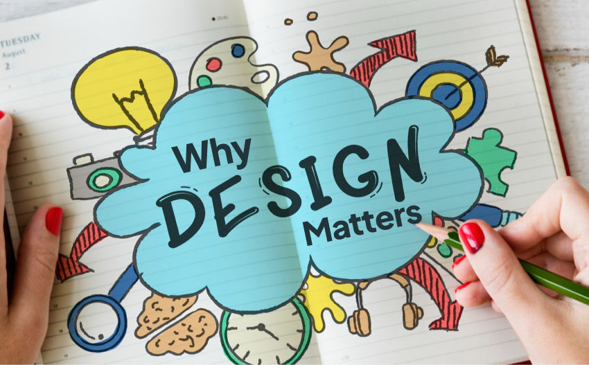 Open notebook with colorful hand-drawn design elements and the words “Why Design Matters” written on the page - for customer retention strategies