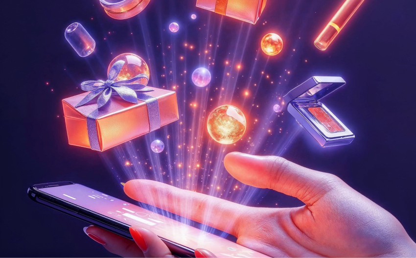 Hand interacting with a smartphone as digital rewards like gifts and cosmetics float above symbolizing customer loyalty programs