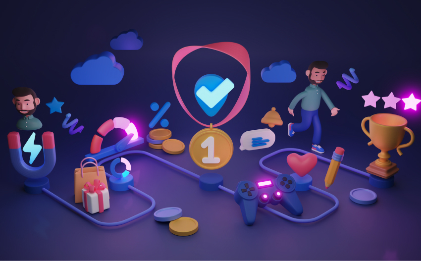 Gamified customer journey with 3D icons including rewards, coins, a game controller, and a trophy representing gamification for customer loyalty