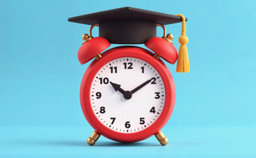 Red alarm clock wearing a graduation cap