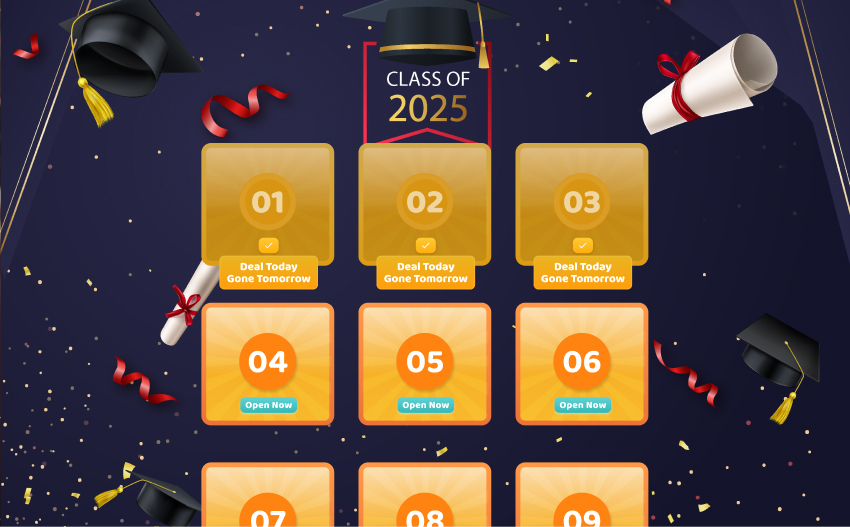 Graduation-themed countdown calendar offering limited-time deals