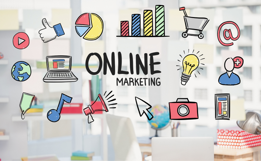 “Online Marketing” graphic with icons representing interactive promotions and digital marketing.