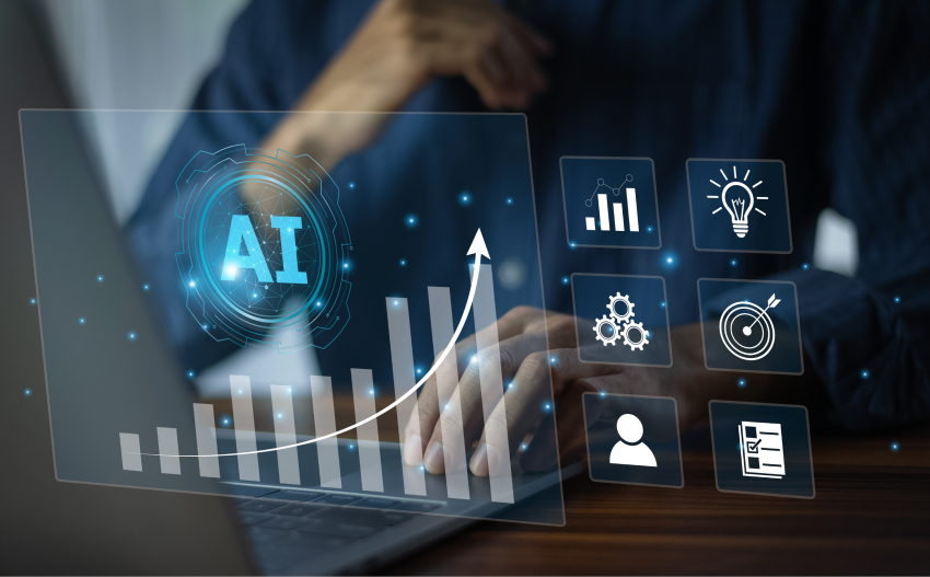 Person using laptop with AI and data icons related to digital marketing tools.