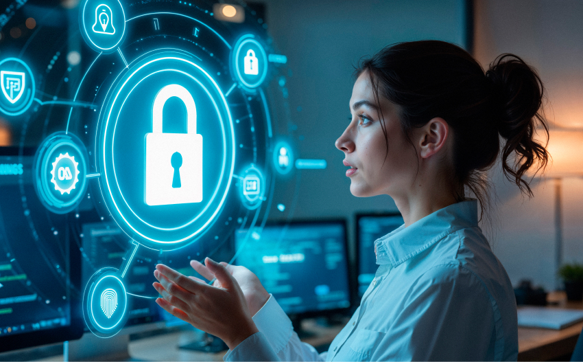 Woman interacting with digital lock screen, linking cybersecurity to digital marketing.