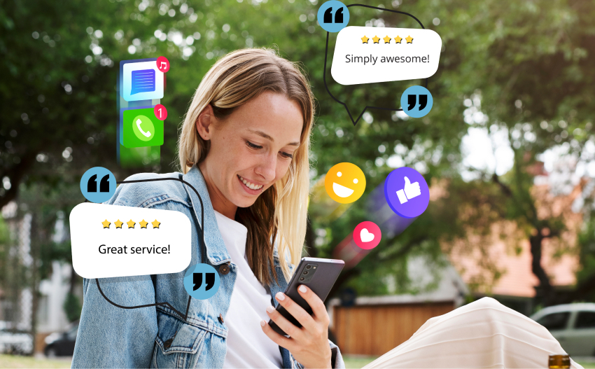 Woman on phone with reviews and emojis, showing interactive promotions in digital marketing.