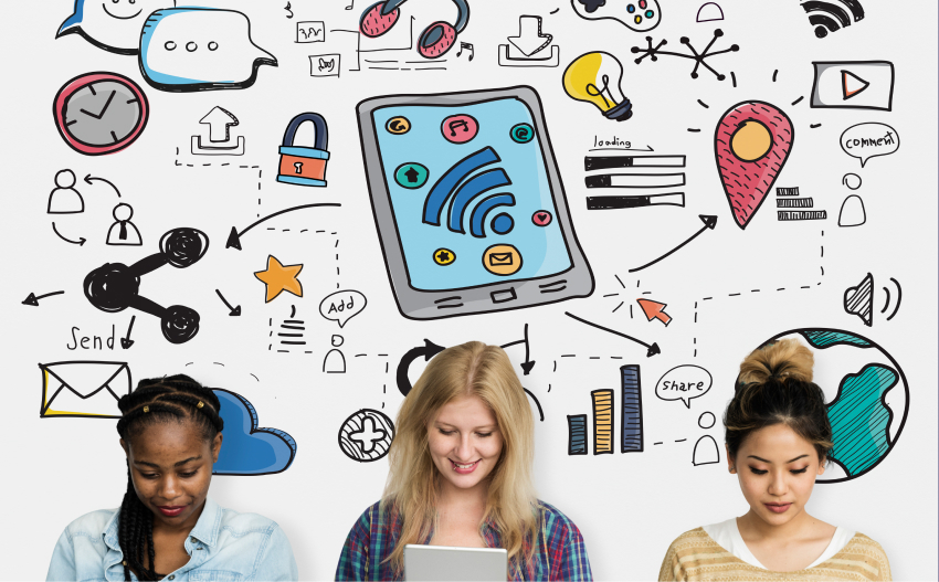 Women with devices under doodles highlighting digital marketing and interactive promotions.