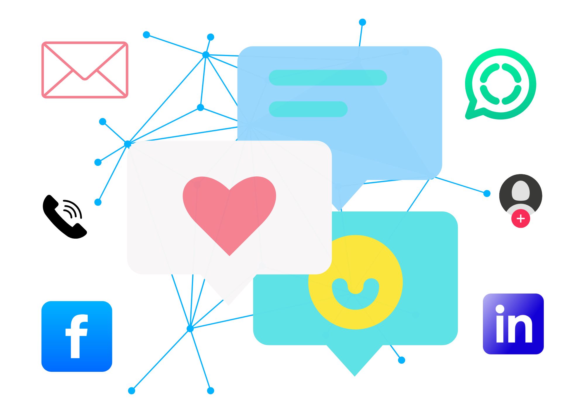 Icons representing an omnichannel digital marketing strategy with social, email, and messaging platforms.


