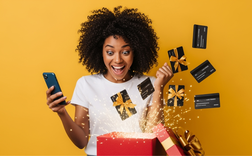 Sales rep receiving universal rewards with digital gift cards as top-performing incentive