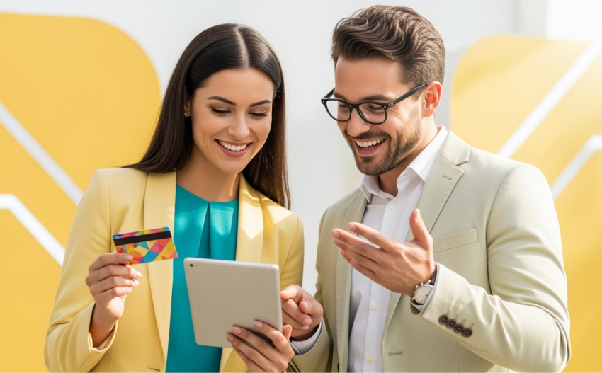 Colleagues reviewing universal rewards on a tablet for the best channel partner incentives