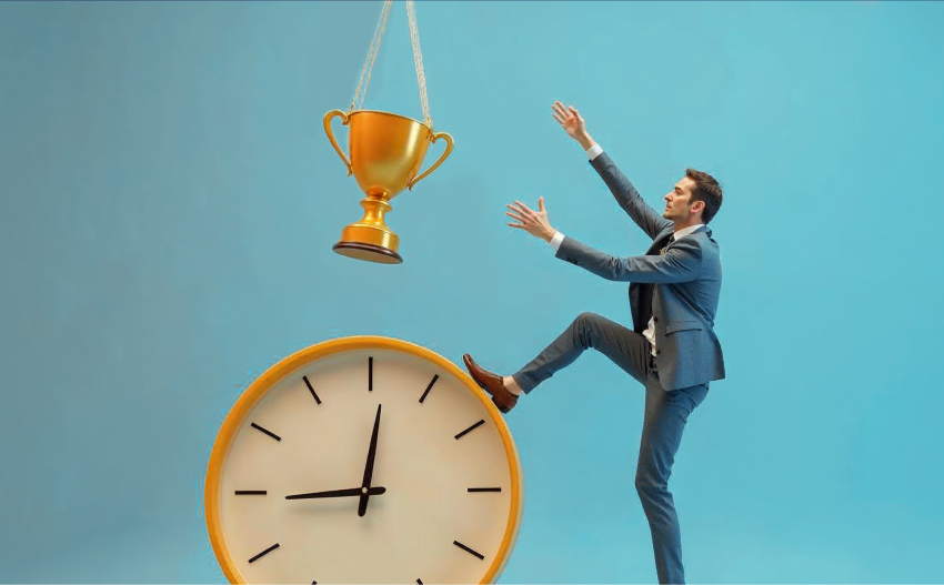 Businessman chasing real-time partner rewards with automated partner reward platforms