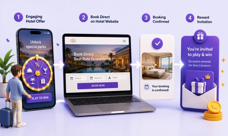 Four-step hotel campaign journey from an engaging offer to a confirmed direct booking and reward invitation