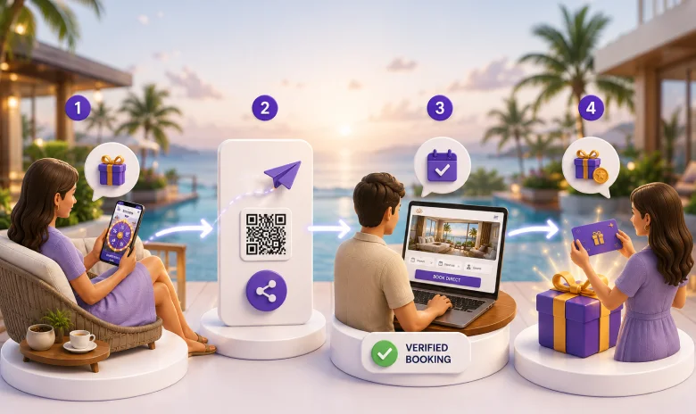 Guests sharing a hotel promotion, completing a verified booking and receiving a reward