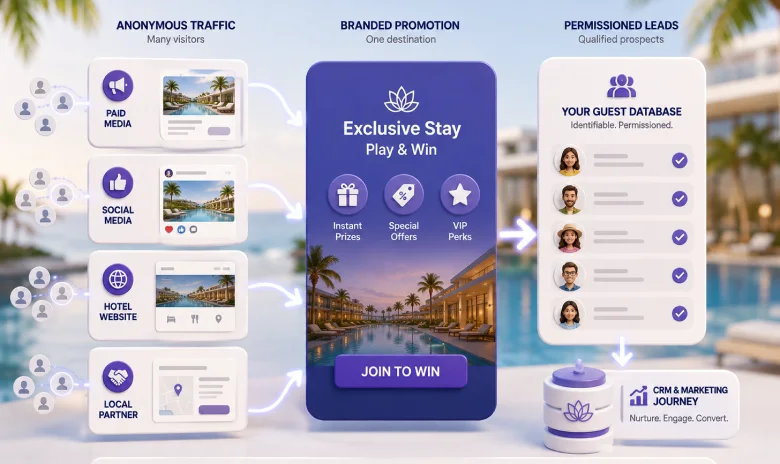 Hotel lead generation journey from anonymous traffic through a branded promotion to permissioned prospects