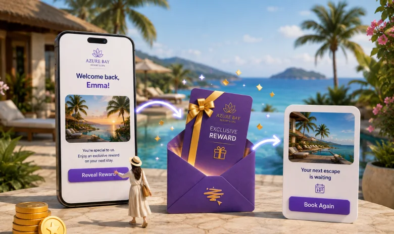 Returning hotel guest revealing a personalized reward and booking another stay