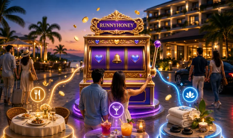 Hotel guests engaging with a RunnyHoney reward experience linked to dining, drinks and spa