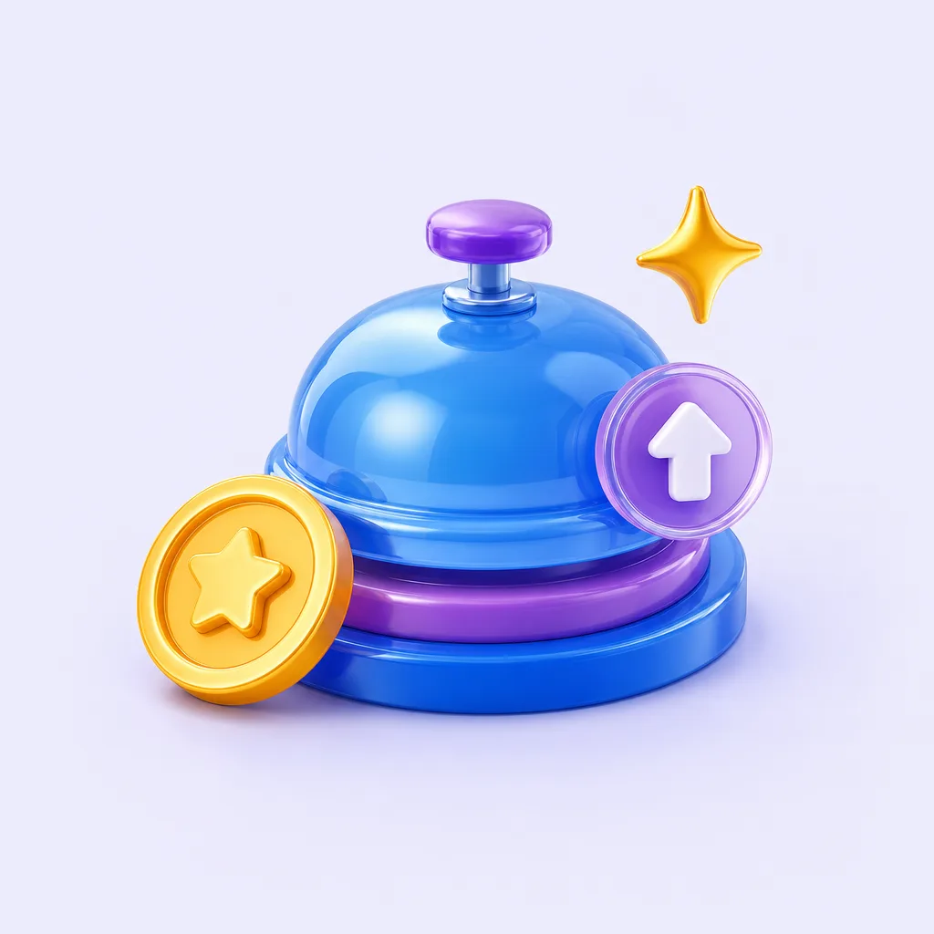 Stylised hotel service bell with reward and upgrade symbols.