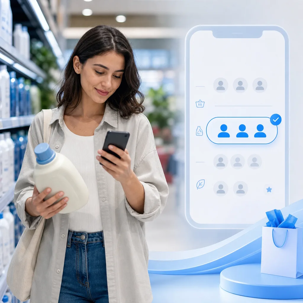 Shopper checks a mobile phone while holding a household product in a retail aisle, with audience targeting graphics.
