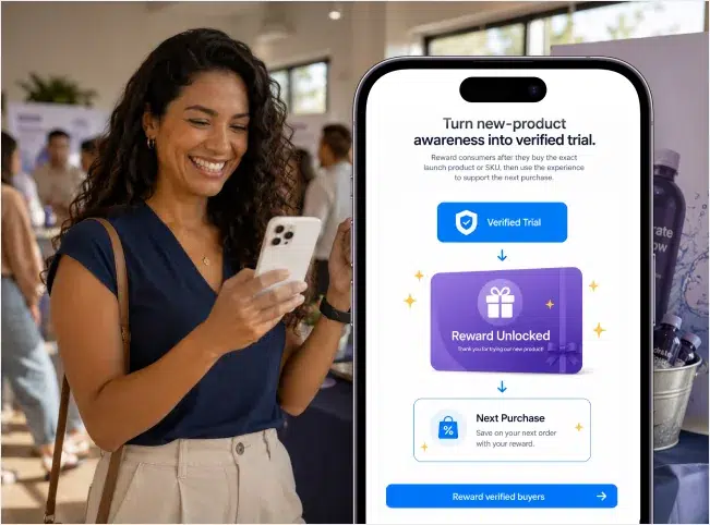 Woman using her phone at a product launch event beside a verified-trial reward and next-purchase journey.