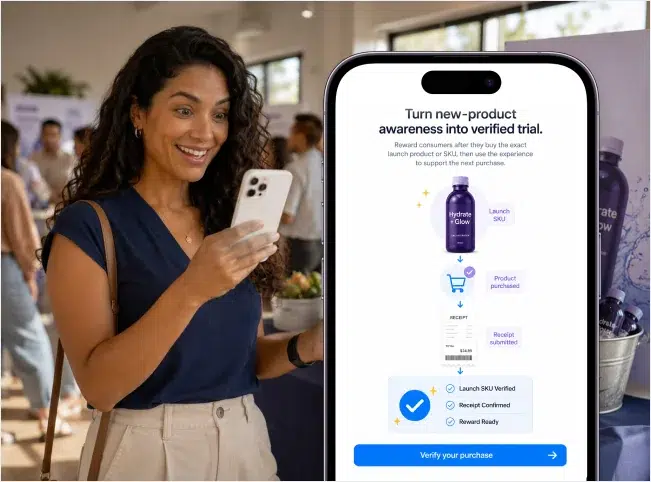 Woman using her phone beside a launch-product purchase, receipt submission and SKU verification journey.