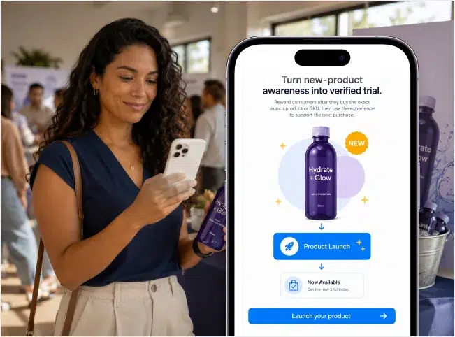 Woman holding a launch product while viewing its product-launch and new-availability journey on her phone.