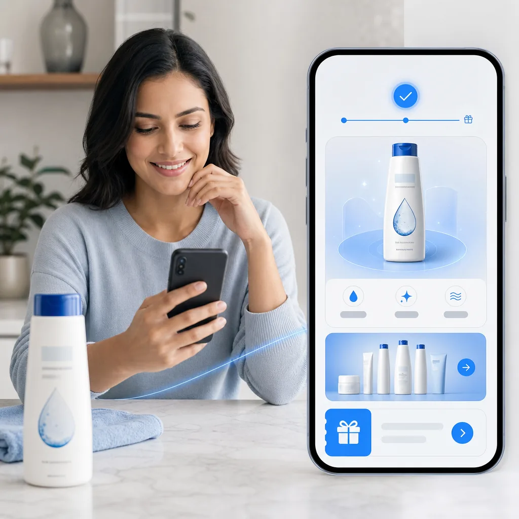 Consumer uses a mobile phone beside a new personal-care product, with a branded reward experience shown on screen.