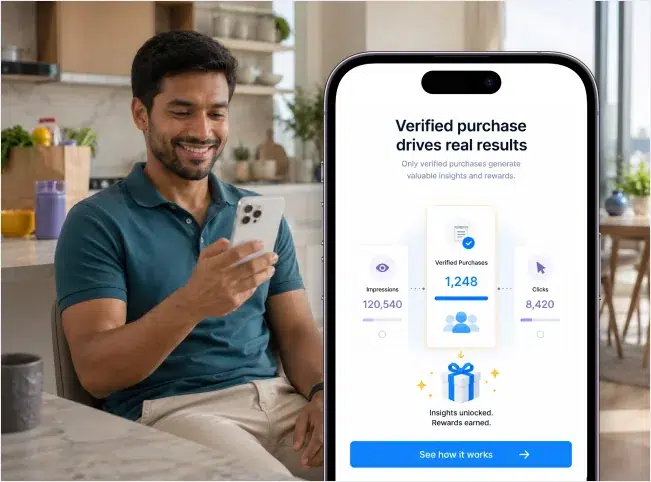 Customer viewing verified purchase results and reward insights on a mobile campaign.