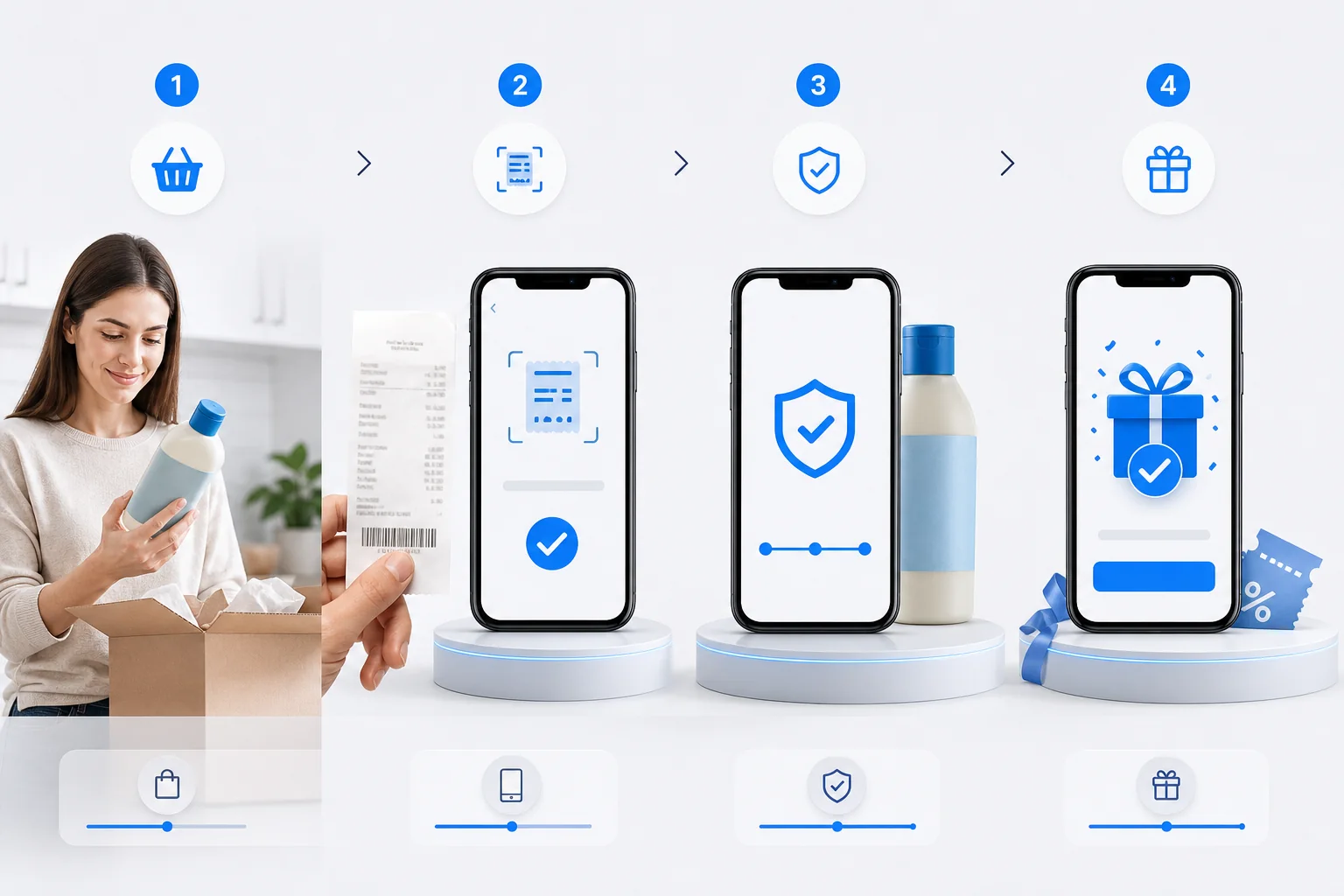 Four-step purchase journey from buying a consumer product to receipt verification and reward.