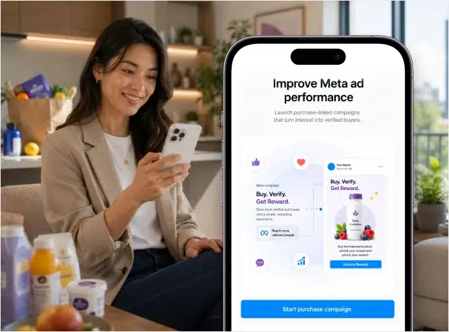 Shopper using a phone beside a purchase-linked Meta campaign and reward flow.