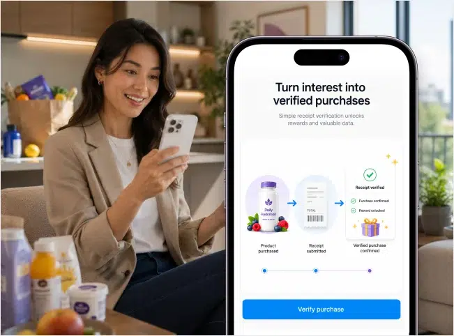 Shopper using a phone beside a receipt verification journey from purchase to reward.