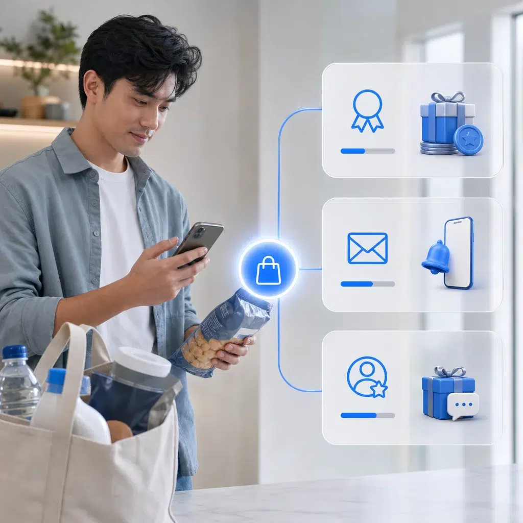Shopper viewing targeted reward, message and offer options after a product purchase
