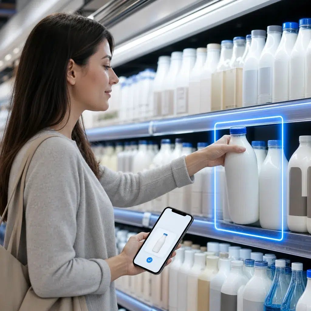 Shopper choosing a highlighted priority product in a grocery aisle after reviewing a purchase-linked reward on her phone.