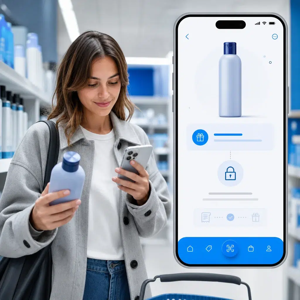 Shopper holding a featured product and viewing a mobile reward experience in a retail aisle.