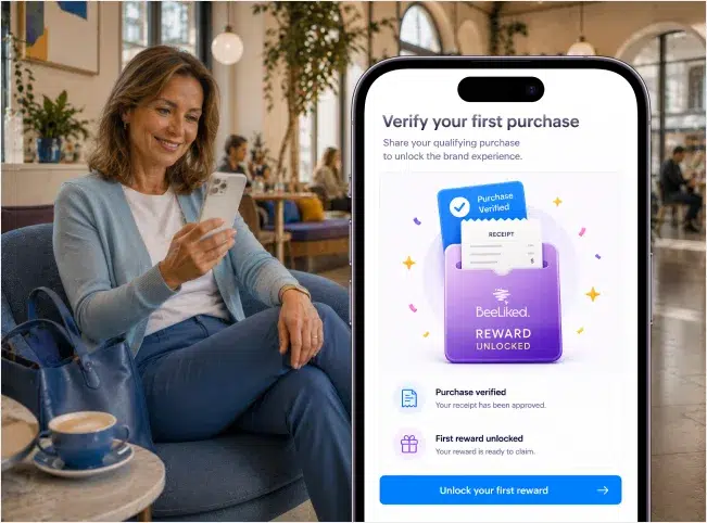 Shopper viewing purchase verification and a first reward unlock flow.
