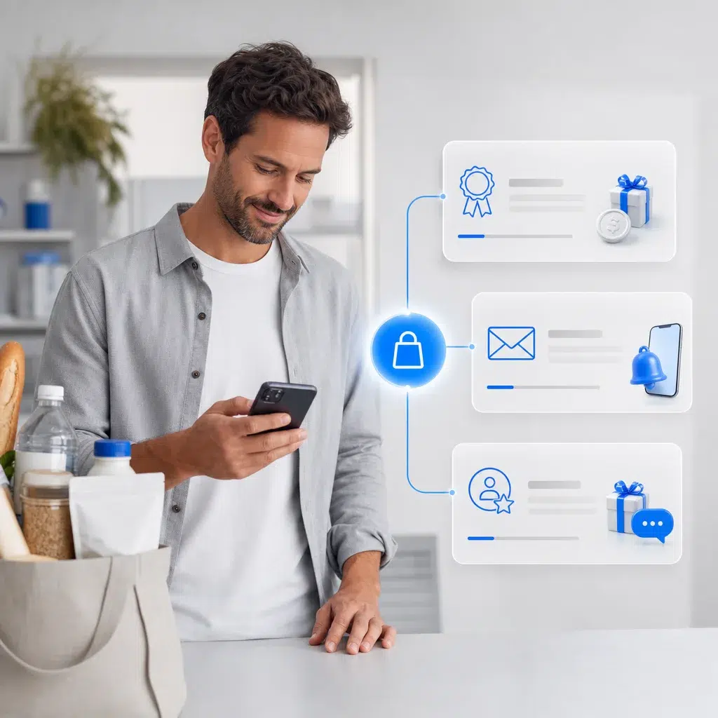 Shopper receiving controlled post-purchase rewards, reminders and follow-up offers